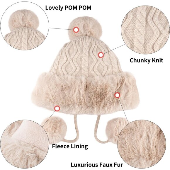 Women's Fur Hat with Pompom Winter Knit Beanie Russian Ushanka Trapper Ear Cover - Picture 5 of 7